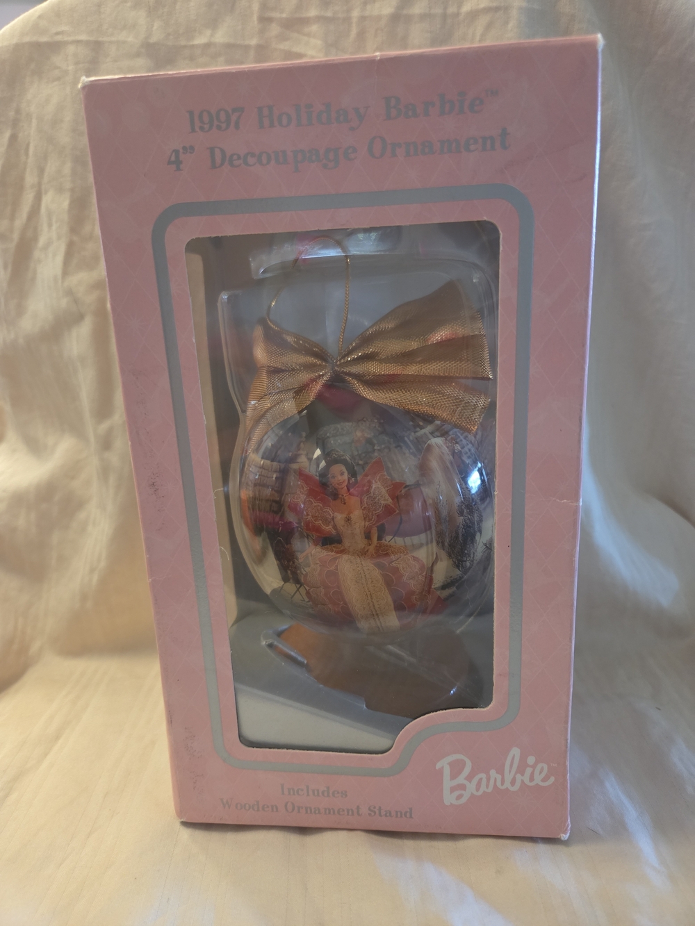 Vintage 1997 Holiday Barbie 4 In Decoupage Ornament W Stand